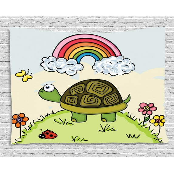 Turtle Tapestry, Cartoon Animal Looking at a Butterfly on Hill Spring Season Colorful Nursery Doodle, Wall Hanging for Bedroom Living Room Dorm Decor, 80W X 60L Inches, Multicolor, by Ambesonne