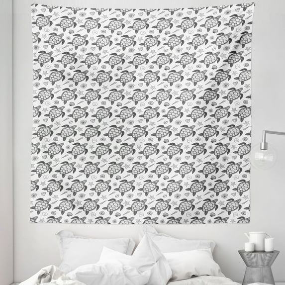 Turtle Tapestry, Nautical Animals Pattern Sea Turtle Shells and Starfish Monochrome Illustration, Fabric Wall Hanging Decor for Bedroom Living Room Dorm, 5 Sizes, Black and White, by Ambesonne