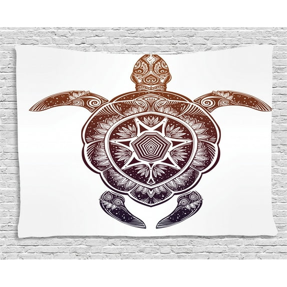 Turtle Tapestry, Ornate Motifs Mandala Inspired Style Shell Design Blending Gradient Colors, Wall Hanging for Bedroom Living Room Dorm Decor, 80W X 60L Inches, Dark Purple Brown, by Ambesonne