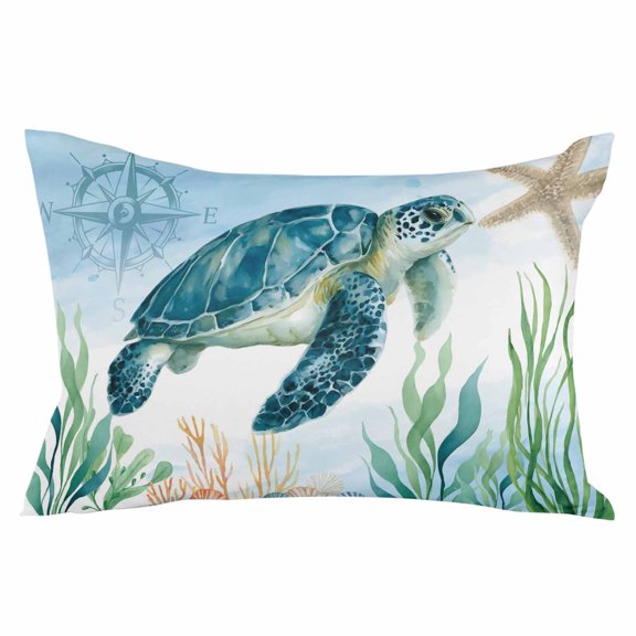Turtle Throw Pillow Cover 16 x 24 Inch Decorative Pillow Cover Blue Ocean Coastal Nautical Compass Coral Starfish Lumbar Pillowcase Seasonal Rectangle Cushion Case for Couch Sofa Bed Living Room