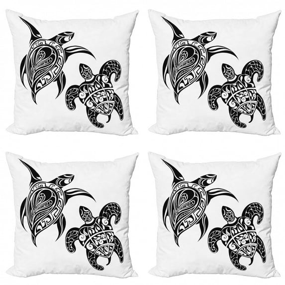 Ambesonne Turtle Throw Pillow Cover 4 Pack, Tattoo Inspired Animal Motif, 20", White and Black