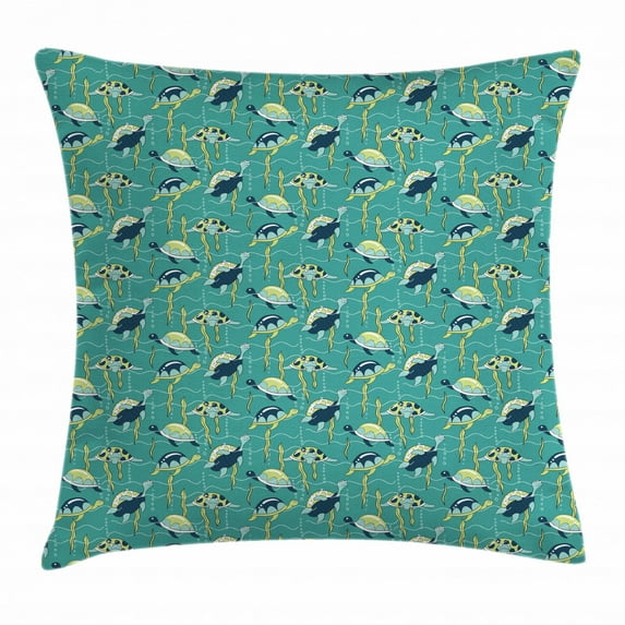 Turtle Throw Pillow Cushion Cover, Underwater Wildlife Composition with Wavy Ocean and Colorful Animals with Shells, Decorative Square Accent Pillow Case, 18 X 18 Inches, Multicolor, by Ambesonne