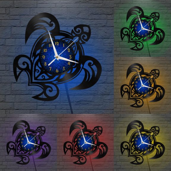 Turtle Totem 12 Inch Vinyl Record Wall Clock - Silent, Creative, and Unique Clock for Living Room, Entryway, or Bedroom Decor - Perfect Gift Idea(12 inchs B with LED)