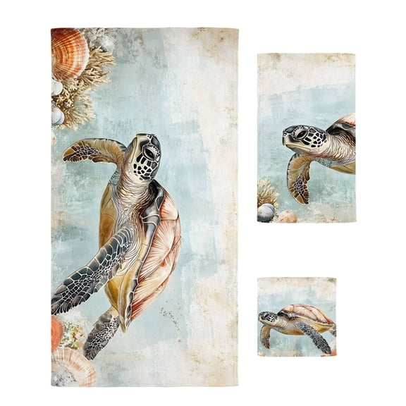Turtle Towel Set of 3, Soft Microfiber Bath Towels, Hand Towel, Washcloths, Coastal Ocean Coral Reef Retro Shell Sea Quick-Dry Absorbent Towels for Bathroom Kitchen Hotel Beach Gym Spa