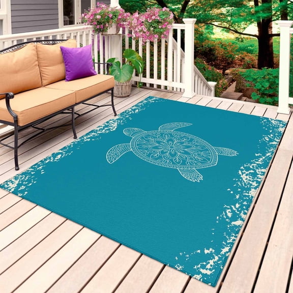 Turtle Turquoise Outdoor Rug 3x5 Ft, Non Slip Washable Area Rug, Coastal Ocean Boho Flower Retro Mottled Patio Rugs Carpet Runner, Large Floor Mat for Indoor/Outdoor Deck Porch Camping