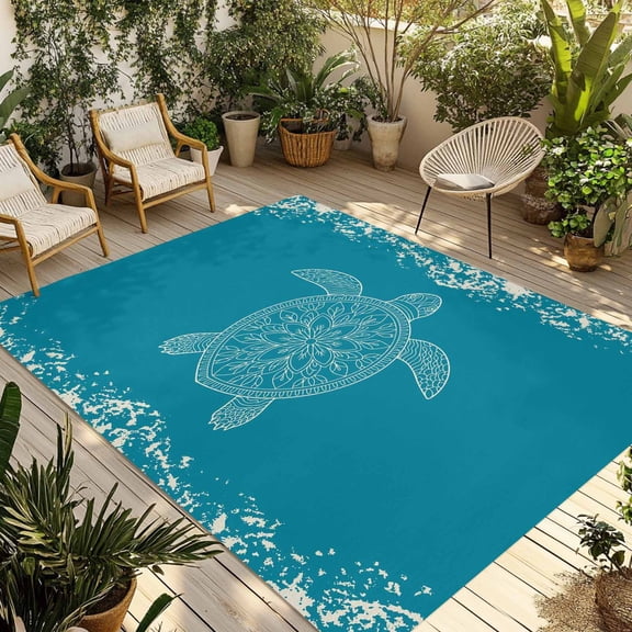 Turtle Turquoise Outdoor Rug 4x6 Ft - Reversible Patio Rug Outdoor Camping Rugs, Coastal Ocean Boho Flower Retro Mottled Indoor Outdoor Area Rugs, Non-Slip Outdoor Carpet Runner for Deck/Porch