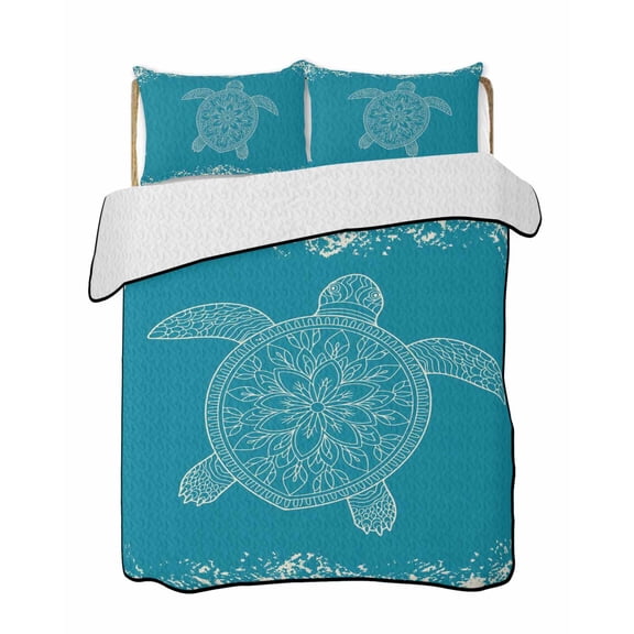 Turtle Turquoise Quilts Bedding Set Full Size Lines Floral Mottled Pattern Lightweight Quilted Bedspread 3 Piece Bed Quilt with 2 Pillow Shams All Season for Bedroom 68" x 98"