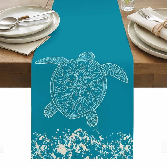 Turtle Turquoise Table Runner - 90 Inch Long, Kitchen Dining Table Runner Dresser Scarves, Coastal Ocean Boho Flower Retro Mottled Farmhouse Decor for Coffee Tables Wedding Party Banquet