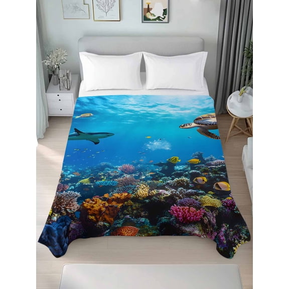 Turtle Twim Size Flat Sheet, Wrinkleproof & Fadeproof Cooling Flat Bed Sheet Only, Blue Ocean Sea Shark Coral Cartoon Fish Summer Breathable Soft Bedding Top Sheets 66 x 96 Inches