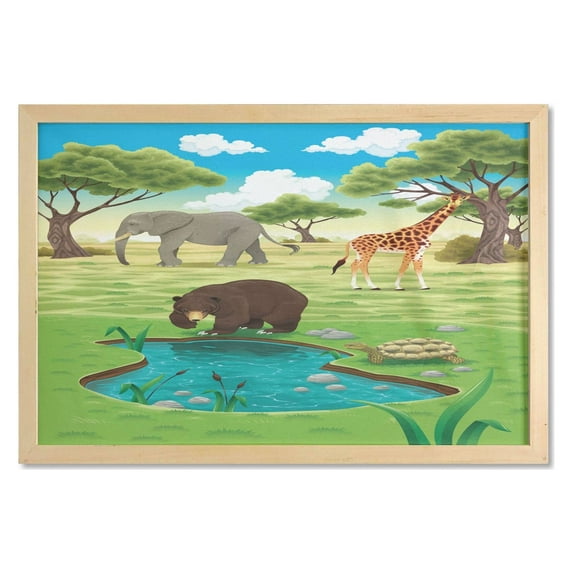 Turtle Wall Art with Frame, Day in the Jungle Bear Giraffe Treesnd Little Pond with Wild Plants, Printed Fabric Poster for Bathroom Living Room Dorms, 35" x 23", Multicolor, by Ambesonne