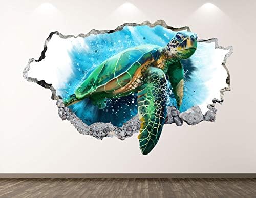 Ocean Turtle 3D Wall Decal Sticker - Large Smashed Animal Art For Kids Room, Nursery Mural (42" W X 24" H)