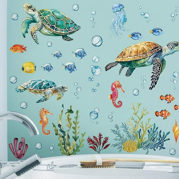 Turtle Wall Decal Peel and Stick, Ocean Fish Seaweed Wall Sticker, Vinyl Home Art Decor, for Kids Room, Nursery, Classroom, Bedroom, Living Room.