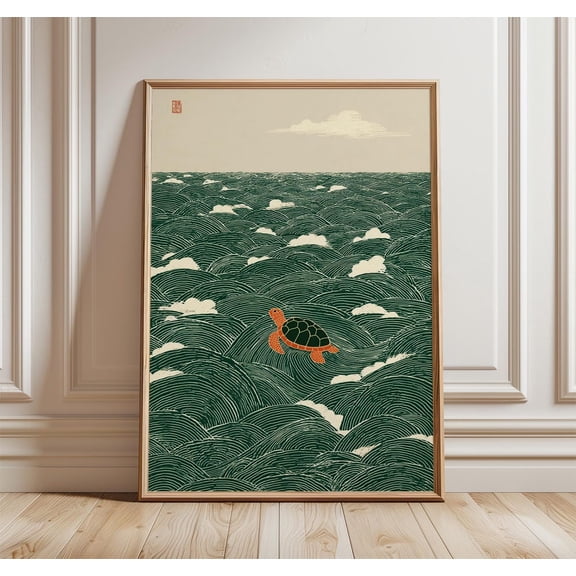 Turtle Wave Japanese Style Ocean Art Nautical Animal Wall Decor, Unframed Poster