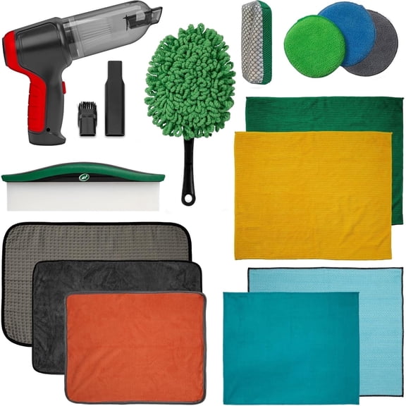 Turtle Wax 14-Piece Car Cleaning Kit with Powerful Mini Vacuum, Bug Remover, Duster, Water Blade, 5 Towels and 3 Pads