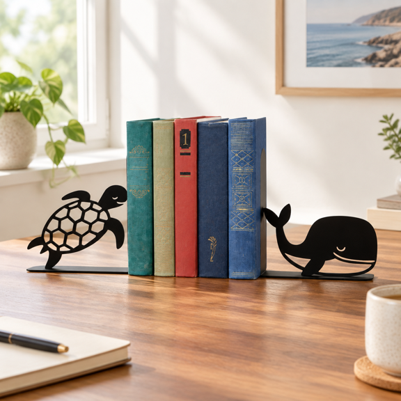 Turtle Whale Metal Bookends Book Ends For Shelves Black