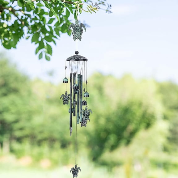 Turtle Wind Chimes 37" Tortoise Bell Decorations Outdoors Wind Chimes with Aluminum Tube and Polyester Cord for Outdoor Patio Home or Garden Dcor Memorial Gift Gunmetal Green Patina Green