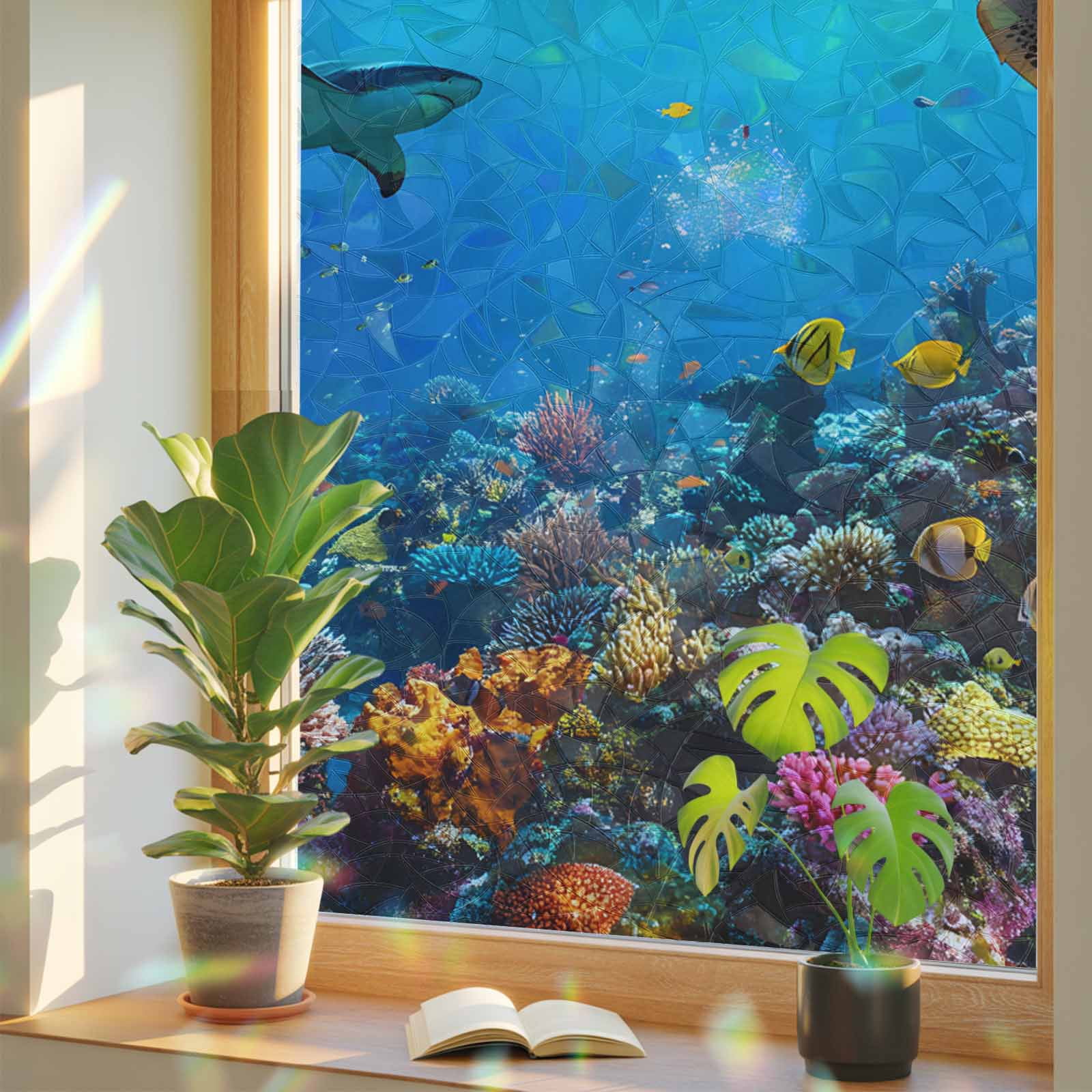 Turtle Window Privacy Film Rainbow Static Cling Stain Glass Window Film for Glass Door, Decorative Sunroof Decal Sticker for Car Bathroom Home 23.6"x59" Blue Ocean Sea Shark Coral Cartoon Fish Summer
