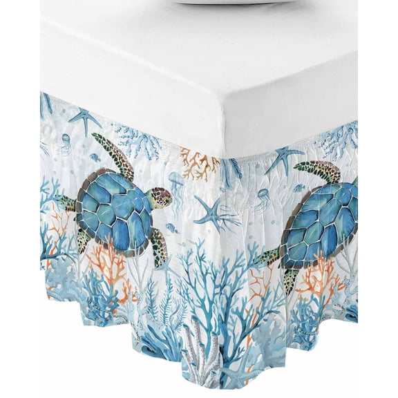 Turtle Wrap Around Bed Skirts for Queen Bed 16" Drop,Bed Skirt with Adjustable Elastic Belt Dust Ruffle Bed Valance for Bedroom Hotel Blue Coastal Starfish Ocean Coral Nautical Bed Frame Cover