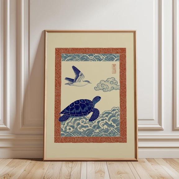 Turtle and Bird Japanese Folk Art Style Blue and Red Nature Wall Art, Unframed Canvas 8x10in