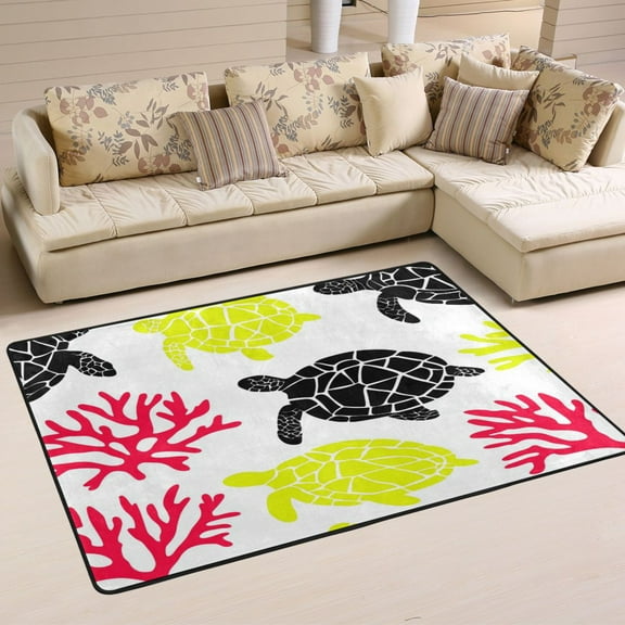 Turtle and Coral Soft Polyester Area Rug 36''x24'', Non Slip, Memory Foam, Water Absorbent