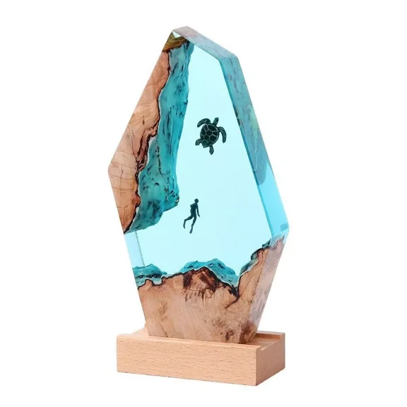 Turtle and Diver Epoxy Light Resin Crafts Ocean Handcrafted Bedside Lamp Gifts