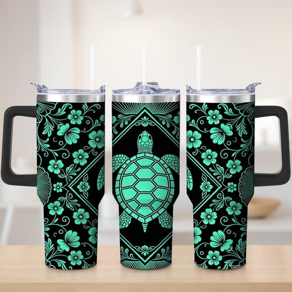 Turtle and Floral Pattern Stainless Steel Tumbler, 30oz