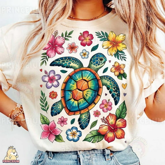 Turtle and Hibiscus Flower T-Shirt, Tropical Sea Turtle Shirt, Beach Vibes Shirt, Summer Floral Shirt