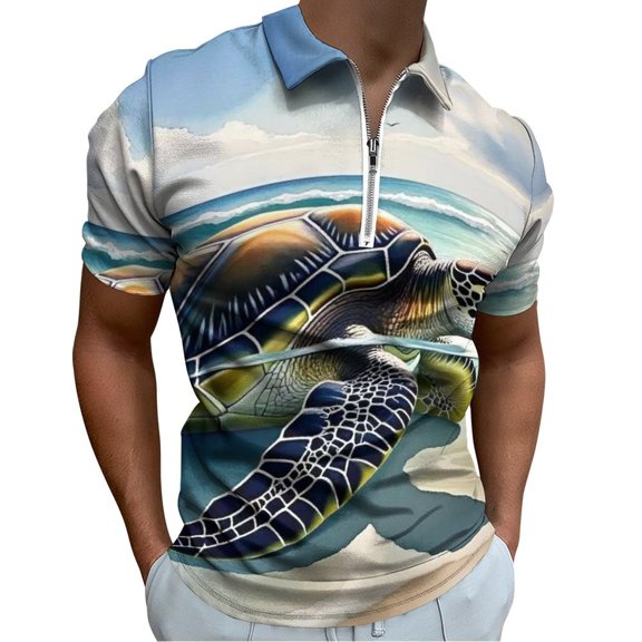 Turtle in The Sun Men Zipper T-shirt Summer Casual Short Sleeve T-shirt Top