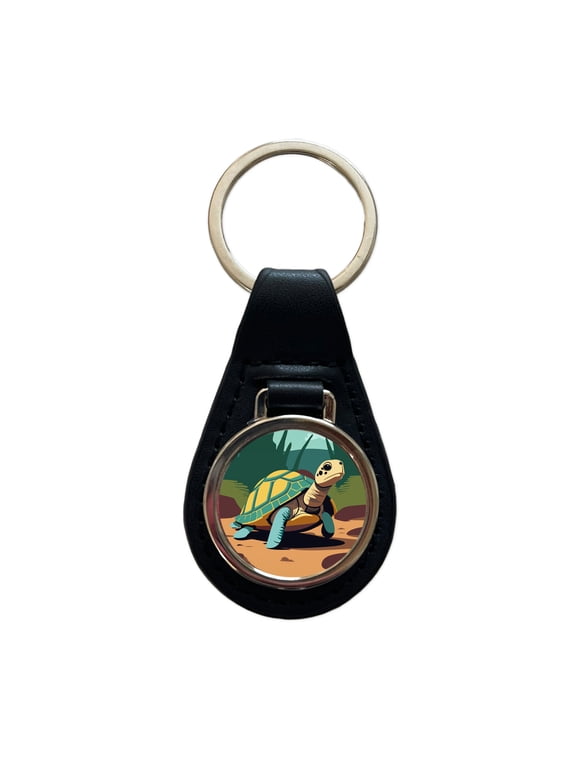 Turtle in the Wild Metal Black Leather Keychain