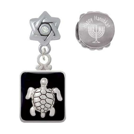 Turtle on Black Frame Happy Hanukkah Charm Beads (Set of 2)