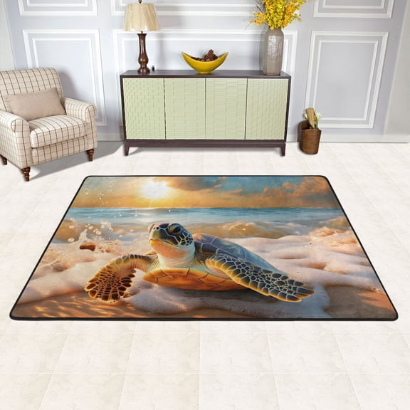 Turtle on Sunset Beach Area Floor Mats 72" x 48" Soft Non-Slip Large Rugs Nursery Memory Foam Carpets Living Room Doormat for Bedroom Dinning Decor
