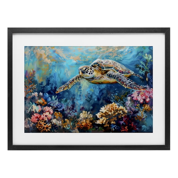 Stupell Industries Turtle's Underwater World Black Framed Print Under Glass, design by LSR Design Studio, 14 x 20