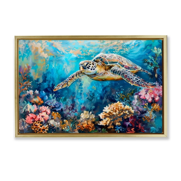 Stupell Industries Turtle's Underwater World Gold Framed Floater Canvas Wall Art, design by LSR Design Studio, 21 x 31