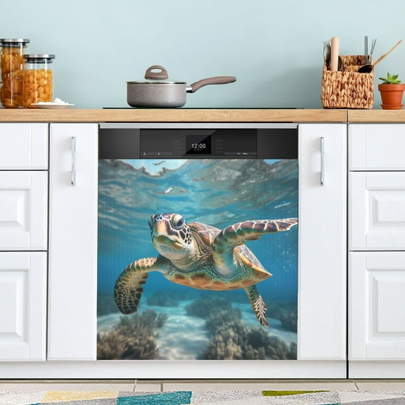 Turtle under Sea Magnetic Dishwasher Cover Magnet Refrigerator Dishwasher Sticker Home Decorative Art Kitchen Panel Decal 23x26 Inch