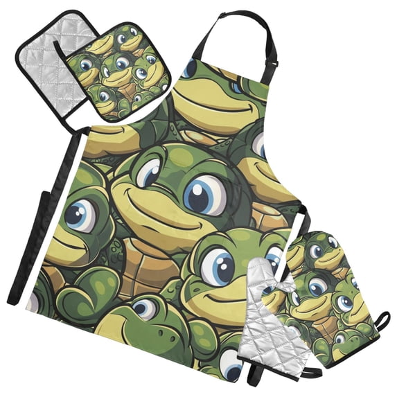 Turtle with Big Eye 5 Pcs Kitchen Set Heat Resistant Oven Mitts and Non-Slip Pot Holders with Adjustable Cooking Apron