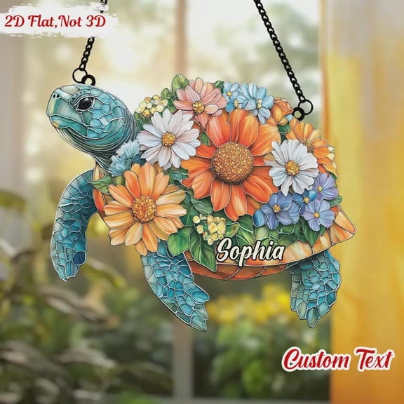 Turtle with Flowers Acrylic Suncatcher, Faux Stained Glass Window Hanging, Vibrant Flower Garden on Turtle Shell size 12in