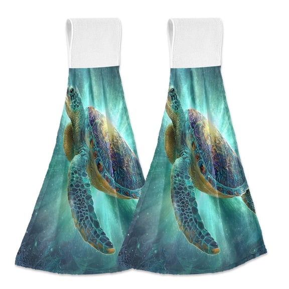 Turtle with Glowing Background Hanging Towels with Loop Hand Towels Nylon Fastener Tape Design Dish Cloths 2 Pieces