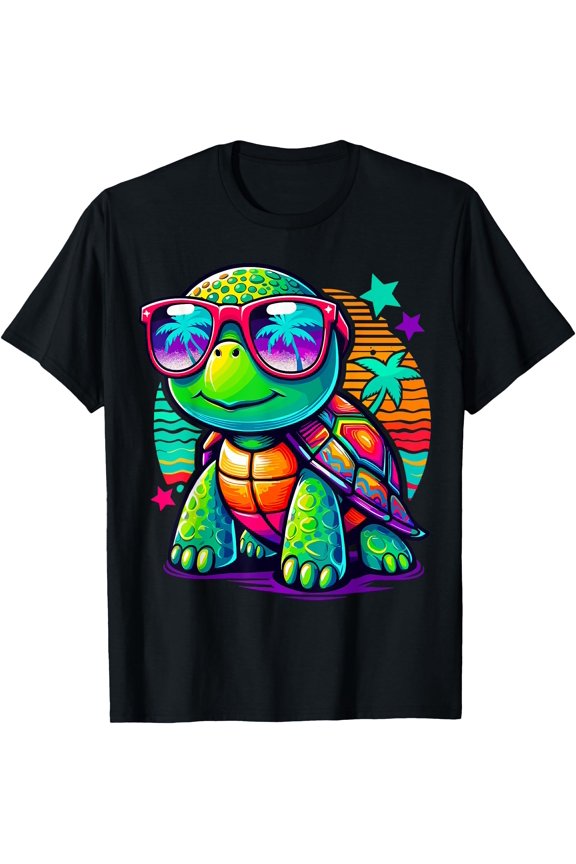 Turtle with Sunglasses Tropical Beach Sunset Turtle T-Shirt
