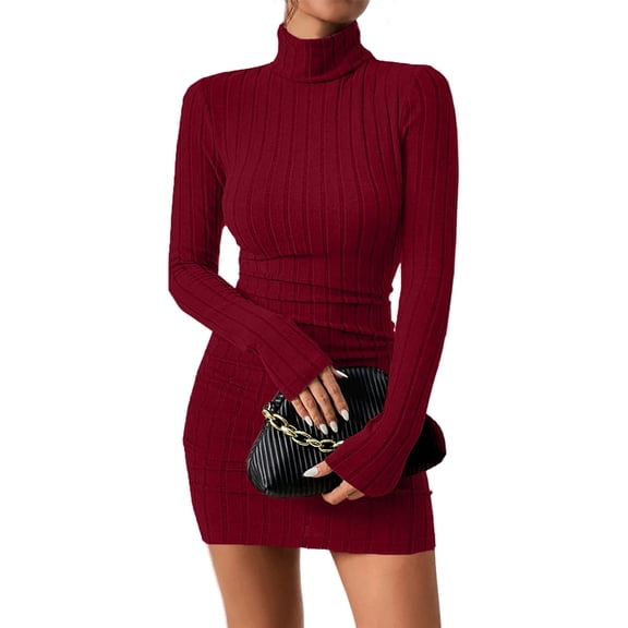 Turtleneck Bodycon Dress, Long Sleeve Mock Neck Figure-Hugging Mini Dress, Chic Winter Party Dress for Holiday Gatherings, Dates, and Night Out Red L