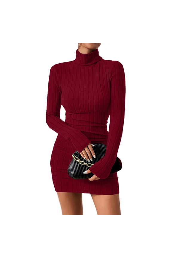 Turtleneck Bodycon Dress, Long Sleeve Mock Neck Figure-Hugging Mini Dress, Chic Winter Party Dress for Holiday Gatherings, Dates, and Night Out Red L