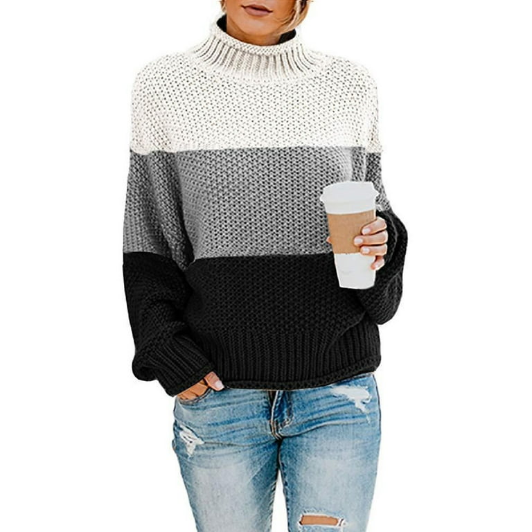 Turtleneck Color Block Sweaters For Women Long Sleeve Casual Pullover Lightweight Loose Sweater Jumper Tops