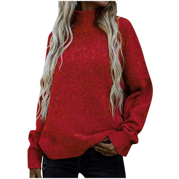 Turtleneck Crewneck Sweaters for Women Fall 2025 Lightweight Long Batwing Sleeve Pullover Sweaters Tops Knit Clothes Red L
