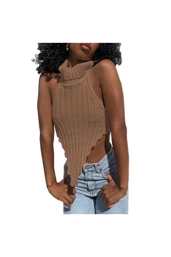 Turtleneck Halter with Irregular Hem & Open Back, Size L Light Tan Backless Knit Blouse