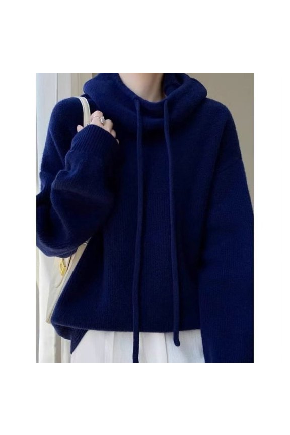 Turtleneck Hooded Loose Sweater (S, DeepLakeBlue)