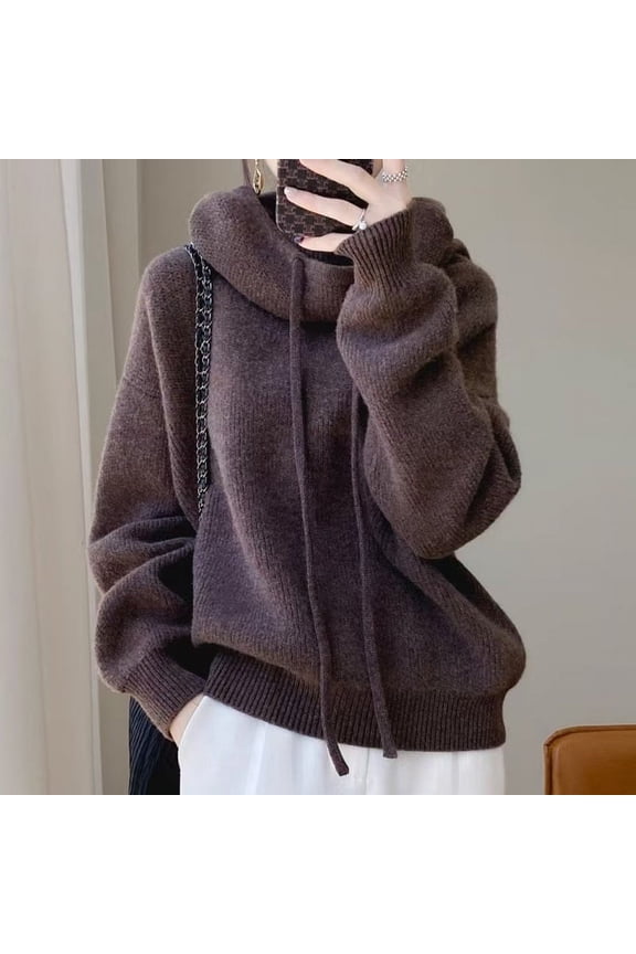 Turtleneck Hooded Loose Sweater (XL, CoffeeBrown)