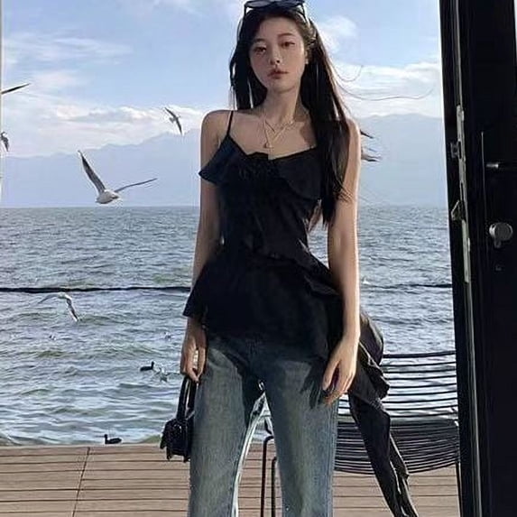 2024 Streetwear Irregular Ruffled Women Backless Camisole Vintage Printing Tanks Summer Grunge Sexy Y2k Aesthetic 3D Flower Tops