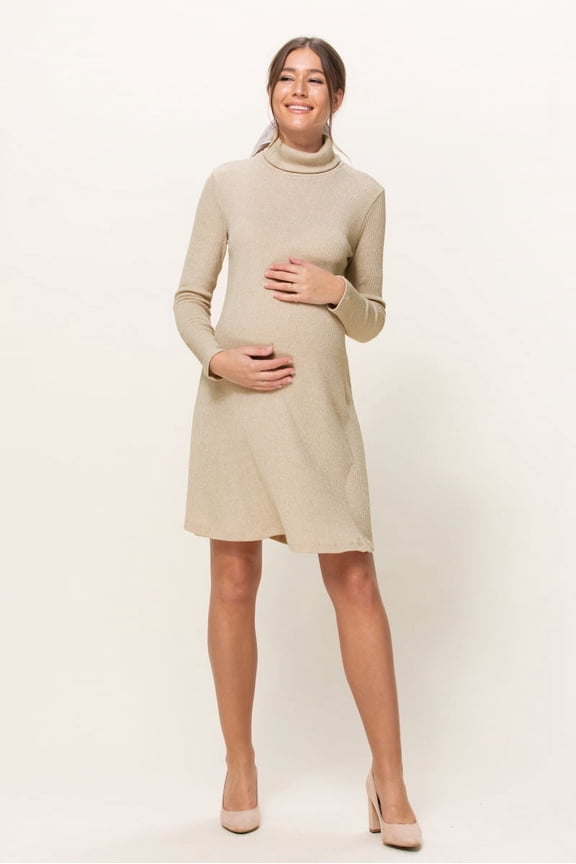 Turtleneck Long Sleeve Maternity Ribbed Knit Dress