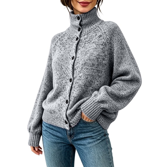 Turtleneck Long Sleeve Solid Color Knit Sweater Jacket for Women Casual Basic Tops Cute College Clothes Comfort Sweatshirt Plain Dressy Womens Fashion Long Sleeve Fall Outfits,Gray,M