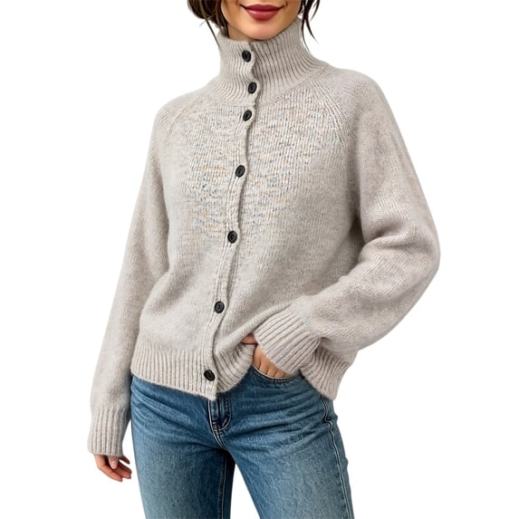 Turtleneck Long Sleeve Solid Color Knit Sweater Jacket for Women Casual Chic Tops Womens Fashion Dressy Cute Crochet Tops Fall Outfits Soft Sweatshirts Airport Travel Outfit Plain,Beige,L