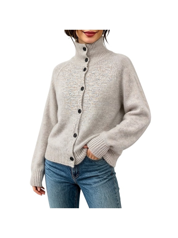 Turtleneck Long Sleeve Solid Color Knit Sweater Jacket for Women Casual Crochet Tops Chic Tops Comfort Sweatshirt Solid Color Cute Dressy Soft Sweatshirts Long Sleeve Fall Outfits,Beige,S
